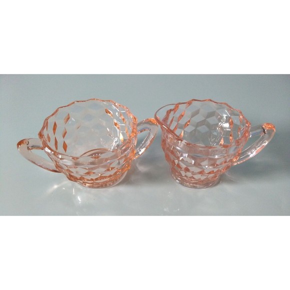 PINK DEPRESSION GLASS Creamer & Sugar Bowl Set Jeanette DIAMOND CUBIST Vintage - Picture 2 of 16